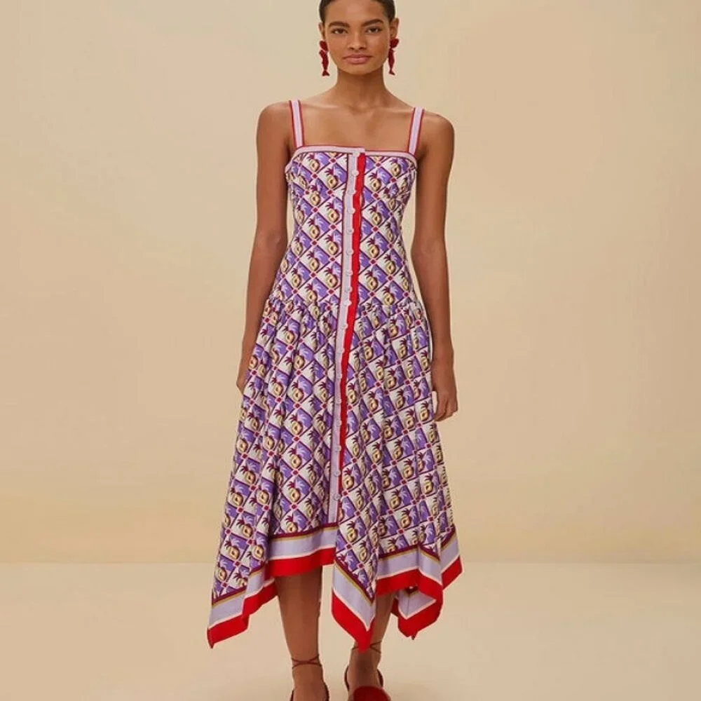 Farm Rio Graphic Pineapple Scarf Organic Cotton Midi Dress Size L Multicolor